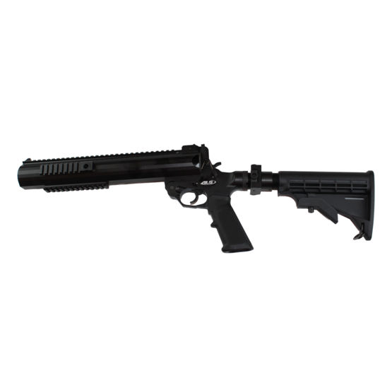 Less lethal launcher with pistol grip, black.